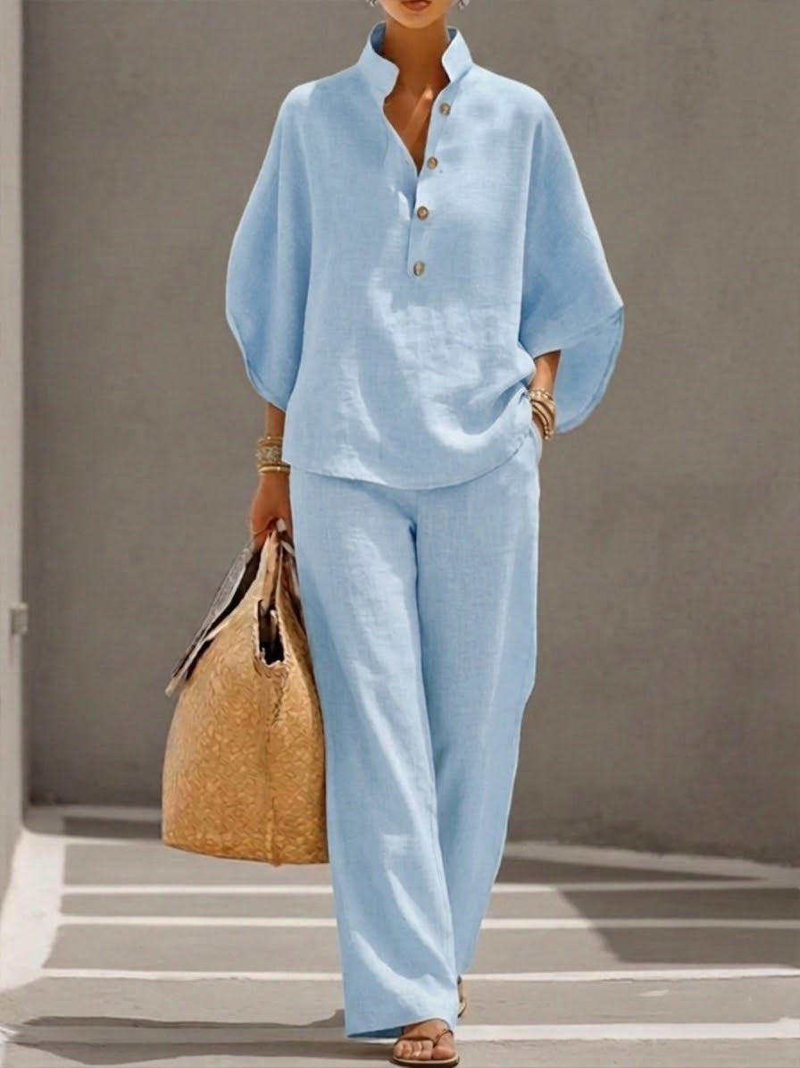 Guillemine Linen Wide Leg Set with Batwing Sleeves