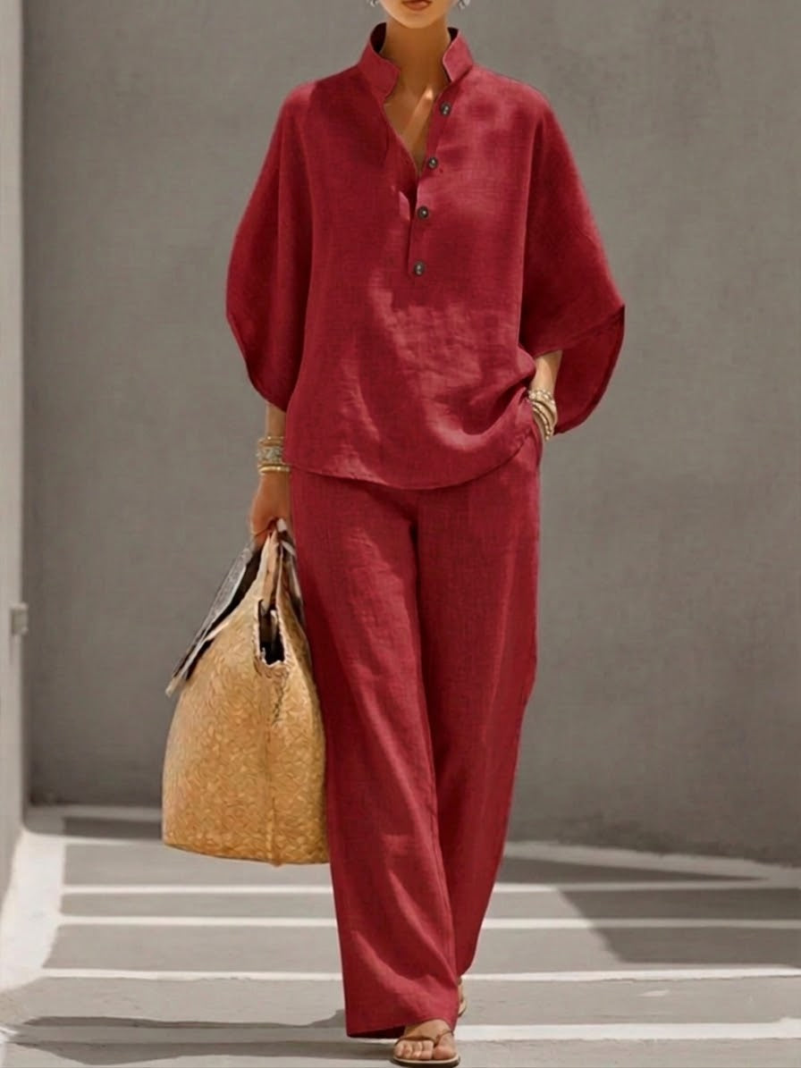 Guillemine Linen Wide Leg Set with Batwing Sleeves