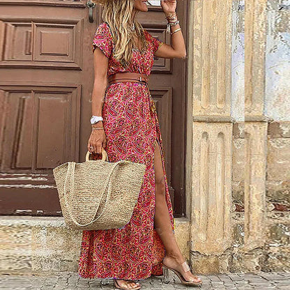 Shizuka Floral Maxi Dress with Short Sleeves and Belted Waist