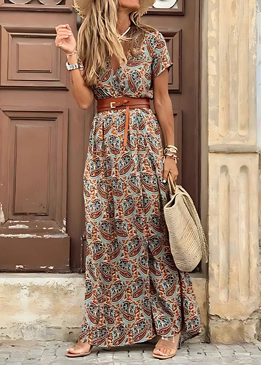 Shizuka Floral Maxi Dress with Short Sleeves and Belted Waist