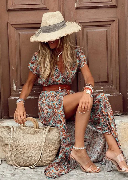 Shizuka Floral Maxi Dress with Short Sleeves and Belted Waist