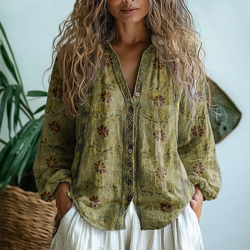 Pavlina Embroidered Blouse with V-Neck and Long Sleeves