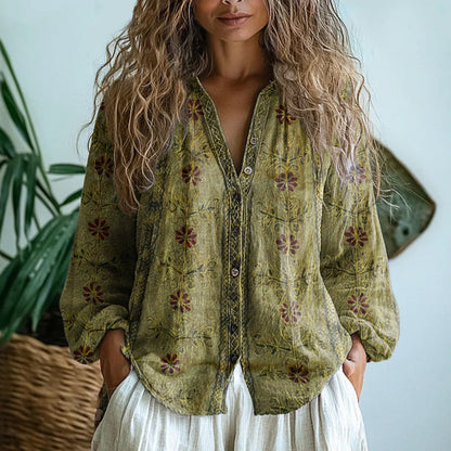 Pavlina Embroidered Blouse with V-Neck and Long Sleeves