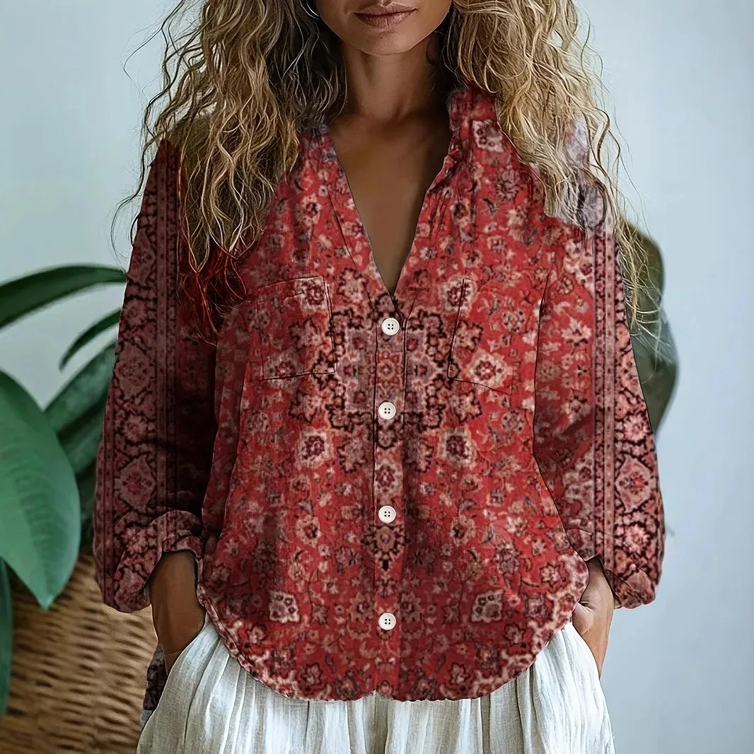 Pavlina Embroidered Blouse with V-Neck and Long Sleeves