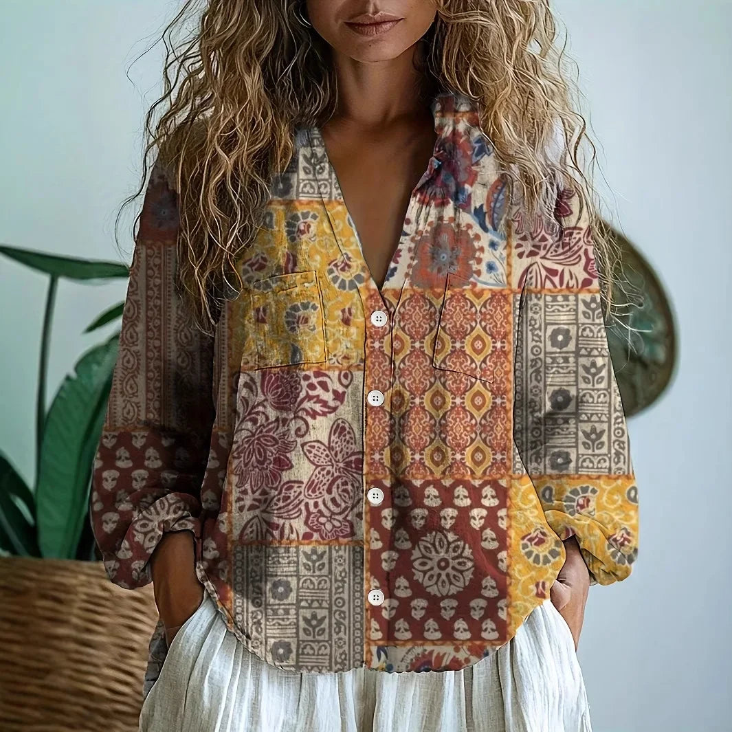 Pavlina Embroidered Blouse with V-Neck and Long Sleeves