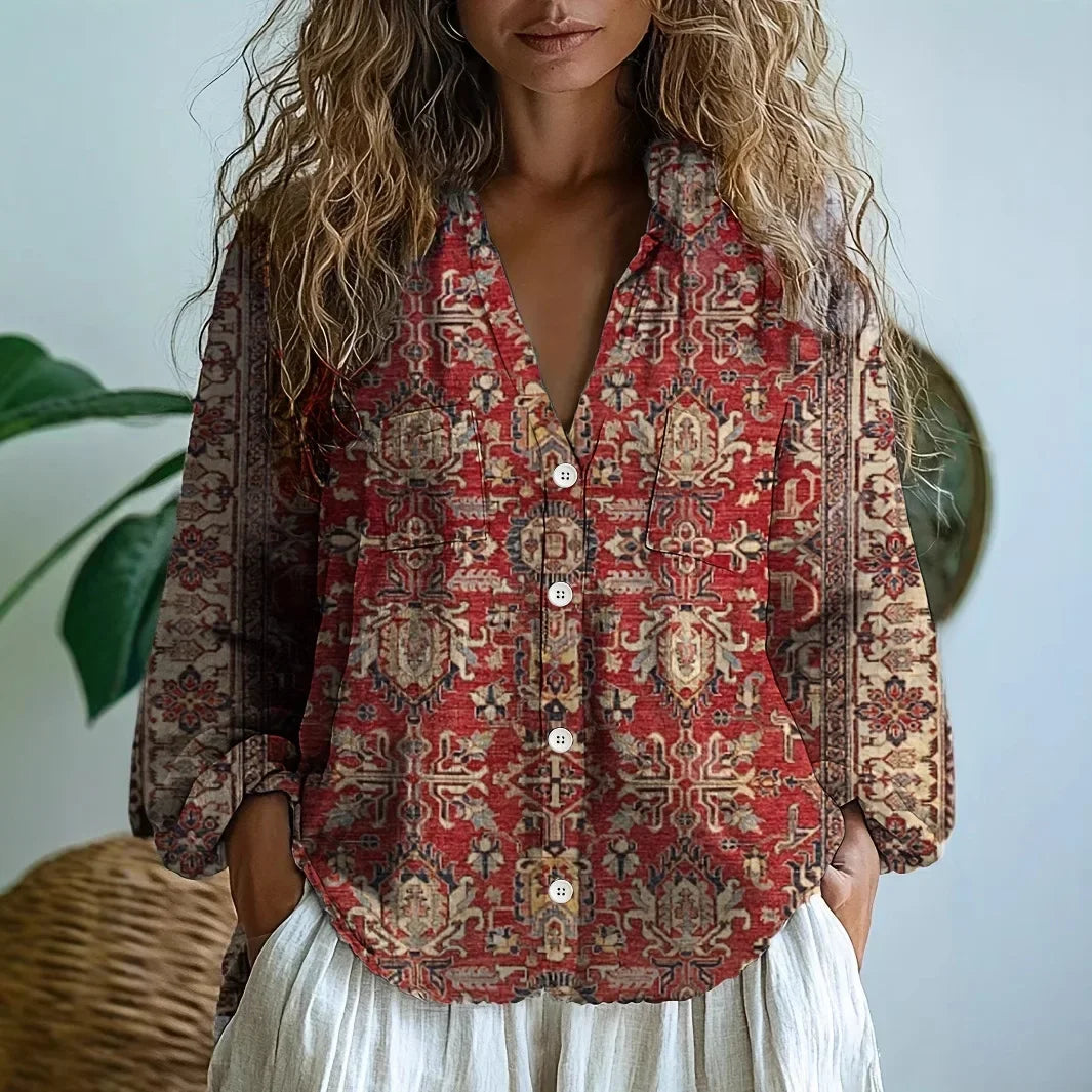 Pavlina Embroidered Blouse with V-Neck and Long Sleeves