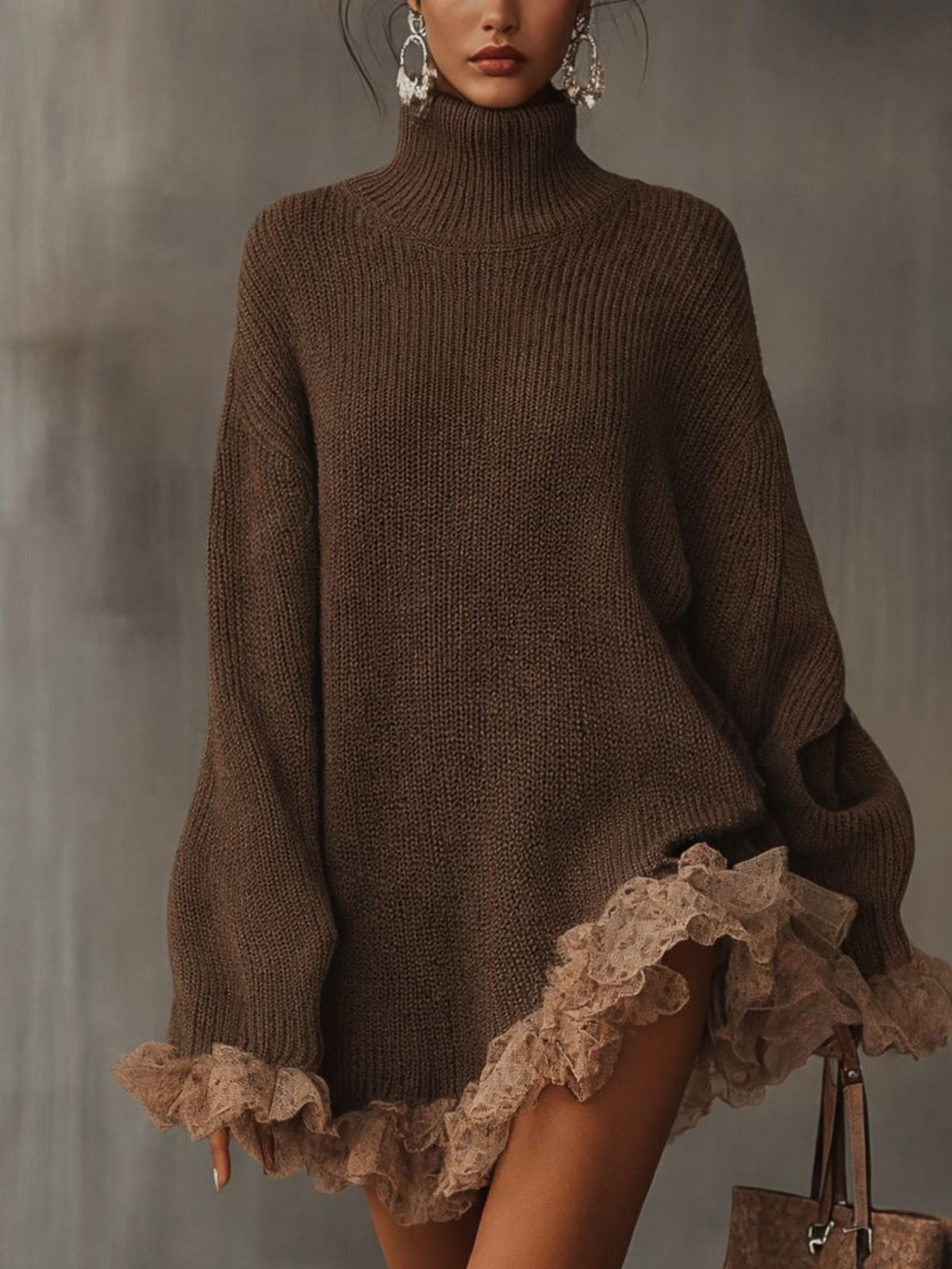 Florie Oversized Turtleneck Sweater Dress, Ruffled Hem