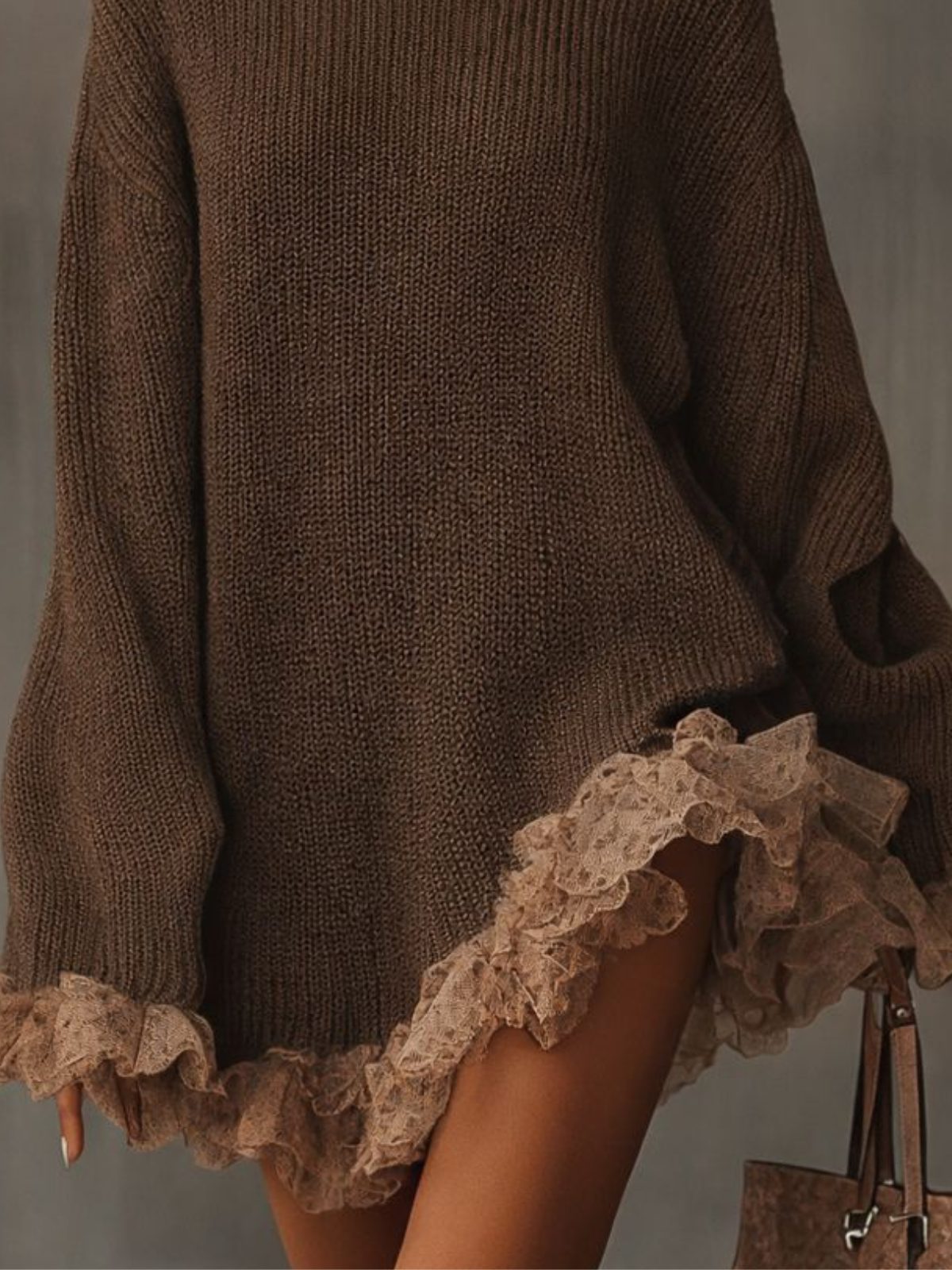 Florie Oversized Turtleneck Sweater Dress, Ruffled Hem