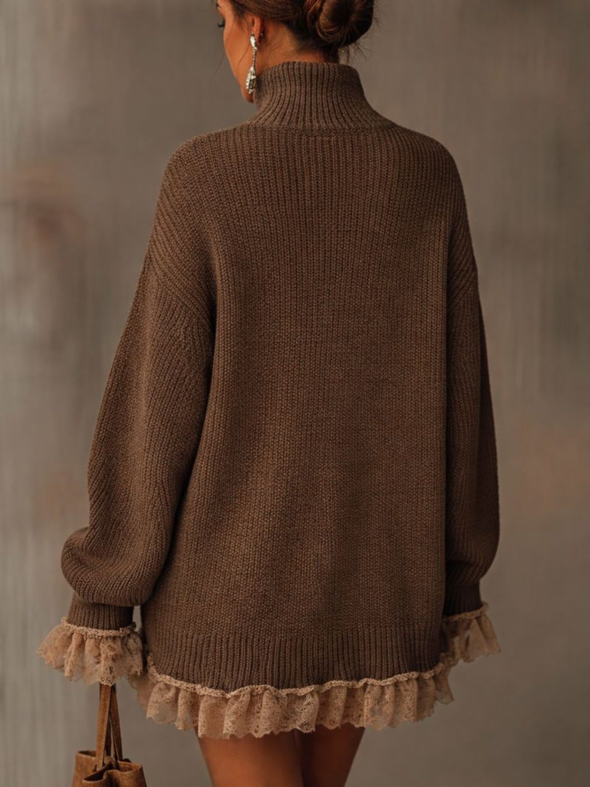 Florie Oversized Turtleneck Sweater Dress, Ruffled Hem