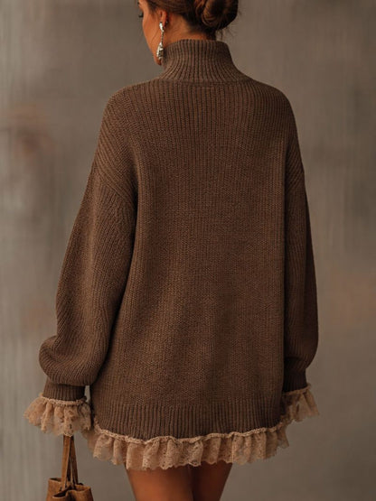 Florie Oversized Turtleneck Sweater Dress, Ruffled Hem