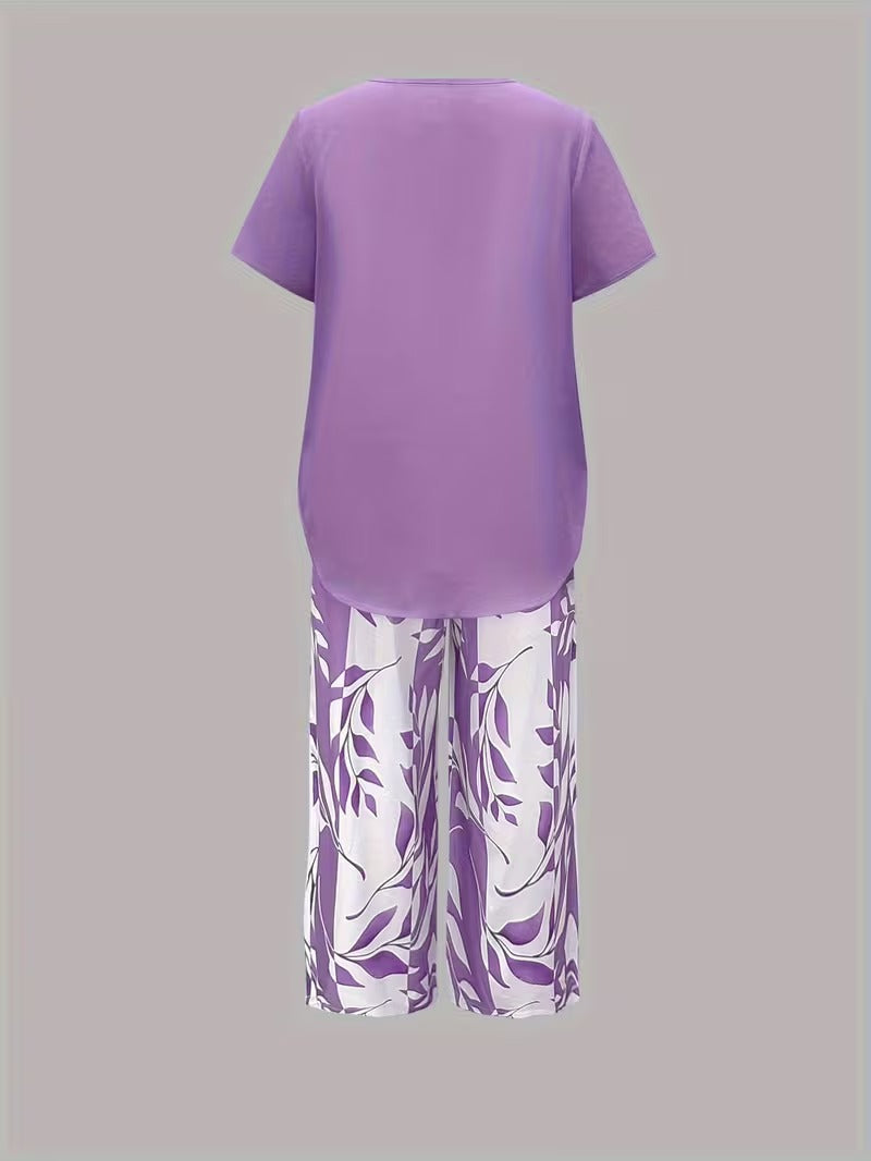 Sarrazine Leaf Print Cropped Capri Two-Piece Set