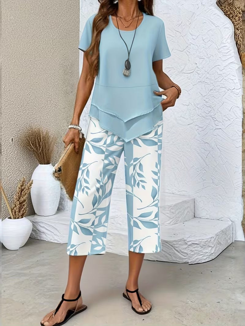 Sarrazine Leaf Print Cropped Capri Two-Piece Set