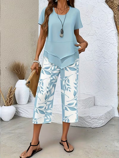 Sarrazine Leaf Print Cropped Capri Two-Piece Set