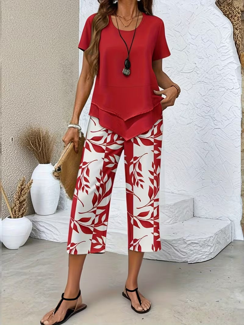 Sarrazine Leaf Print Cropped Capri Two-Piece Set
