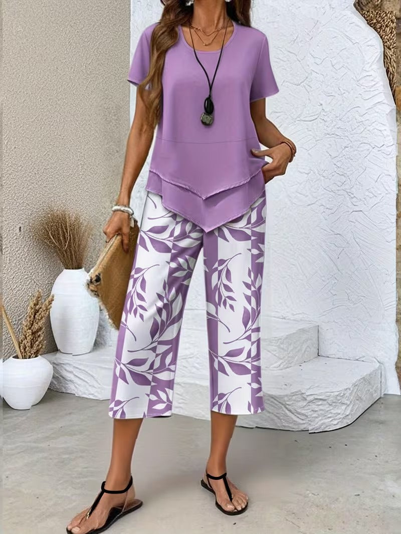 Sarrazine Leaf Print Cropped Capri Two-Piece Set