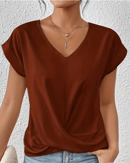 Emiko Twist Front Top with V-Neck and Short Sleeves