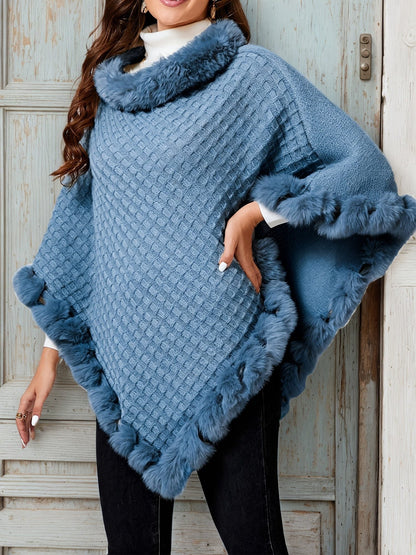 Melusine Faux Fur Trim Poncho for Winter, Cowl Neck