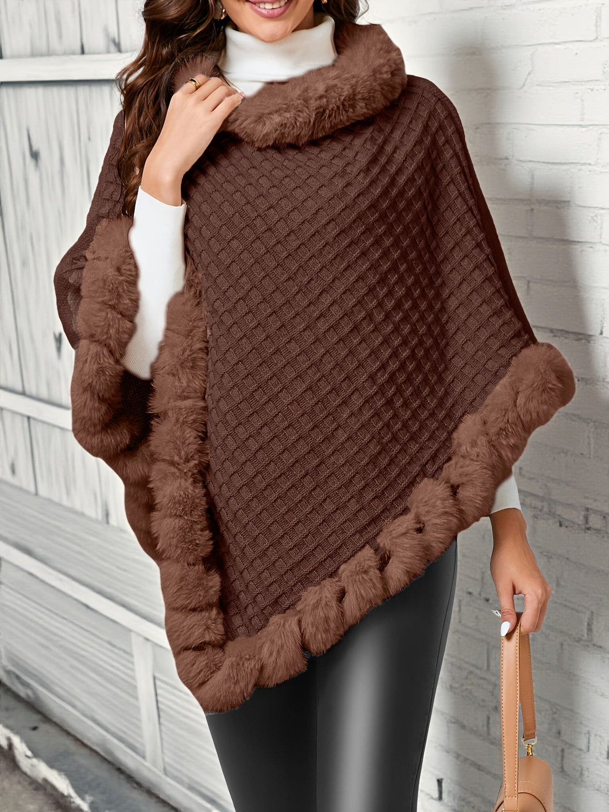 Melusine Faux Fur Trim Poncho for Winter, Cowl Neck