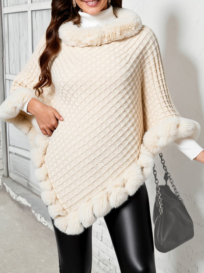 Melusine Faux Fur Trim Poncho for Winter, Cowl Neck
