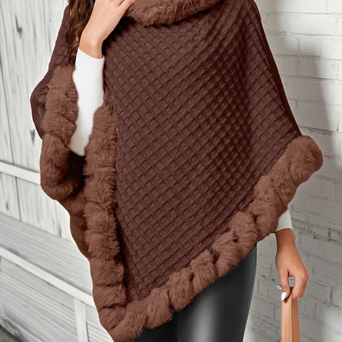 Melusine Faux Fur Trim Poncho for Winter, Cowl Neck