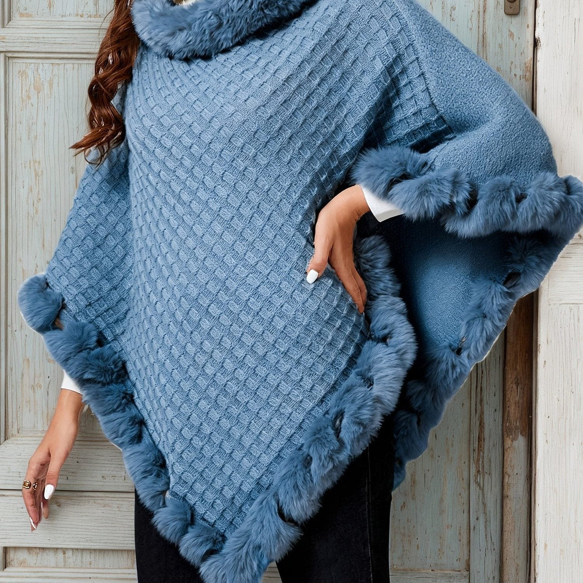 Melusine Faux Fur Trim Poncho for Winter, Cowl Neck
