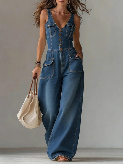 Verane Denim Wide Leg Jumpsuit for Everyday, Relaxed