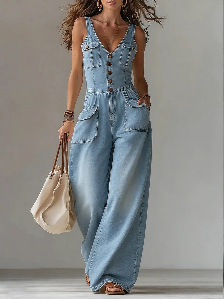 Verane Denim Wide Leg Jumpsuit for Everyday, Relaxed