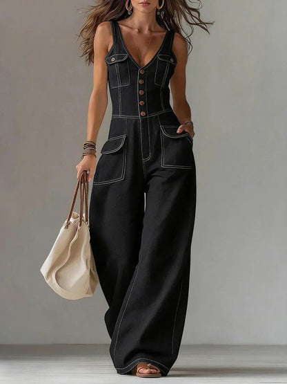 Verane Denim Wide Leg Jumpsuit for Everyday, Relaxed
