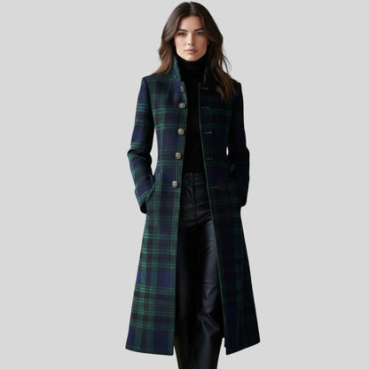Margery Plaid Long Coat, Button-Down