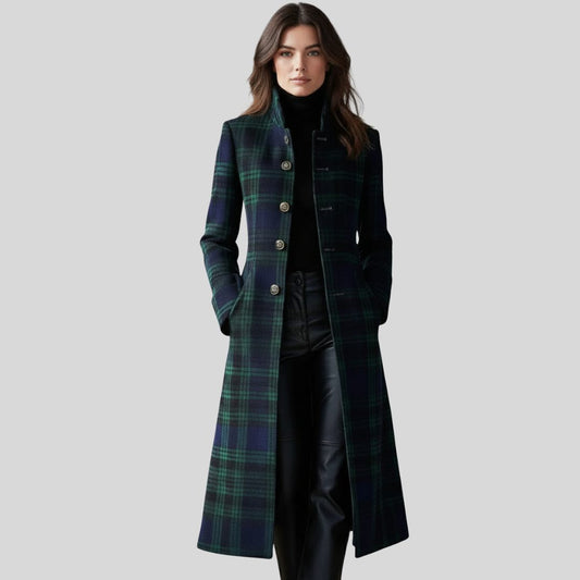 Margery Plaid Long Coat, Button-Down