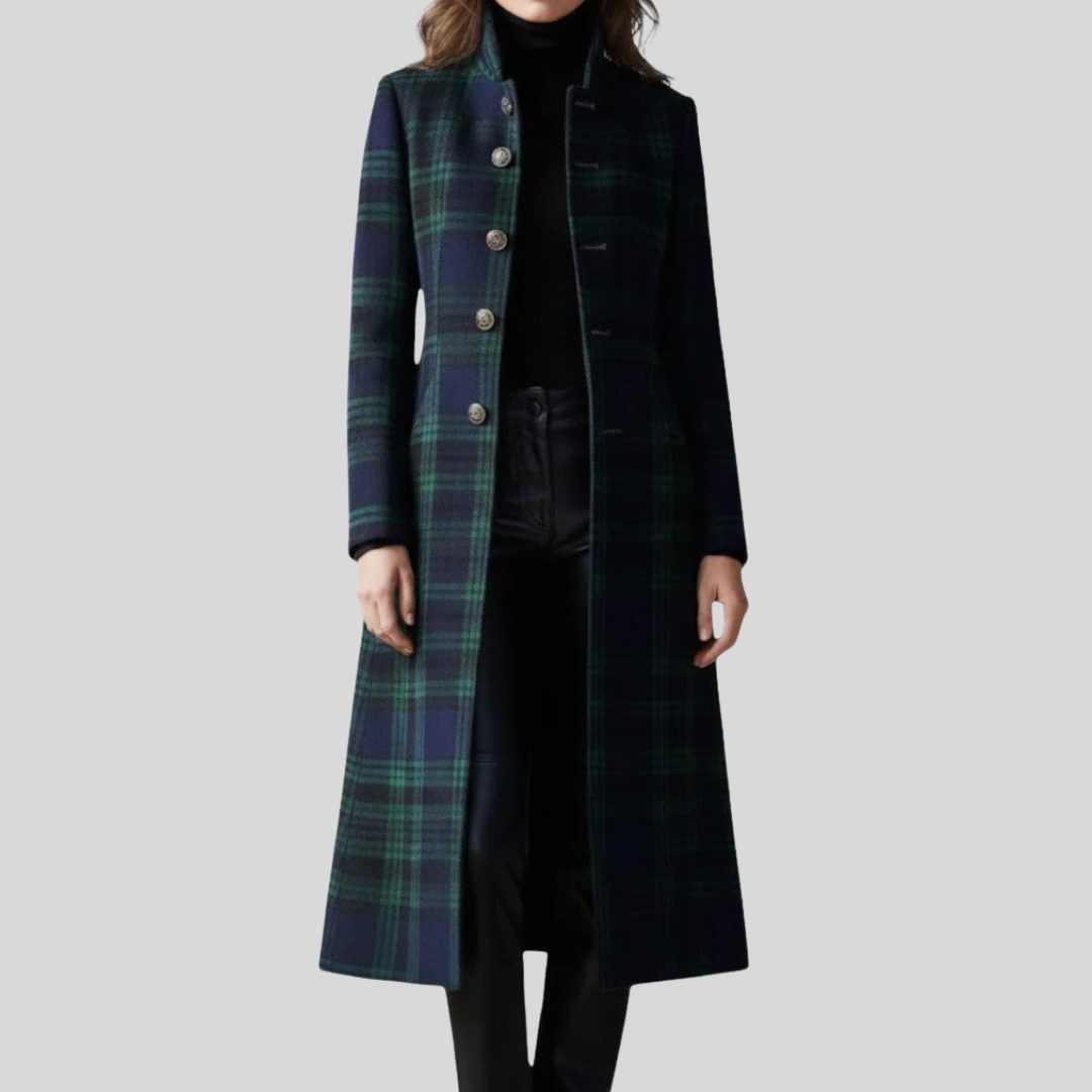 Margery Plaid Long Coat, Button-Down