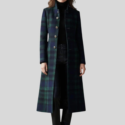 Margery Plaid Long Coat, Button-Down