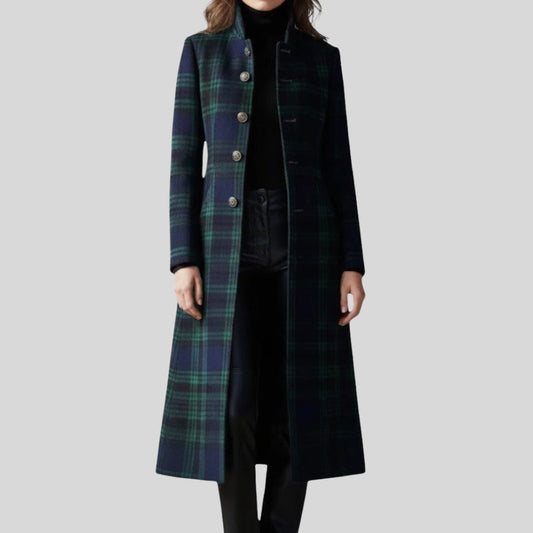 Margery Plaid Long Coat, Button-Down