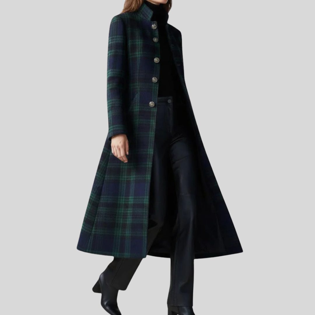 Margery Plaid Long Coat, Button-Down