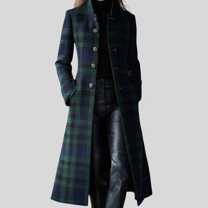 Margery Plaid Long Coat, Button-Down