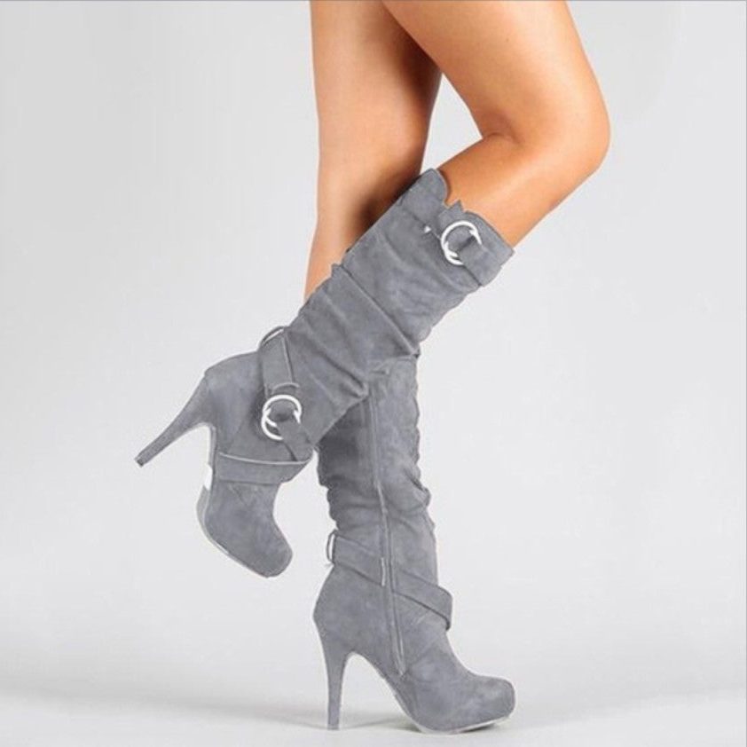 Quintilia Stiletto Knee-High Boots with Ring Buckles