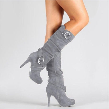 Quintilia Stiletto Knee-High Boots with Ring Buckles