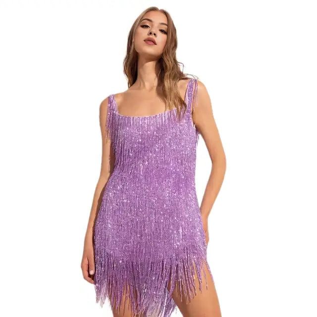 Firmine Sequin Mini Dress for Parties, Fringe Trim