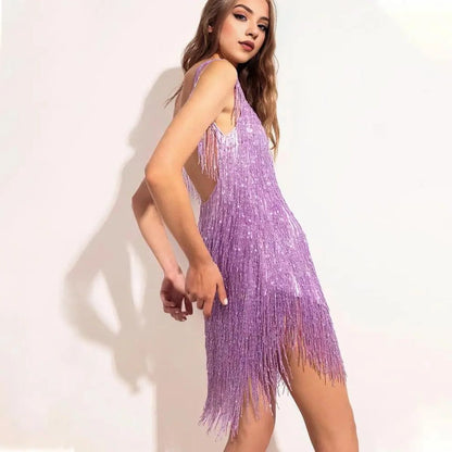 Firmine Sequin Mini Dress for Parties, Fringe Trim