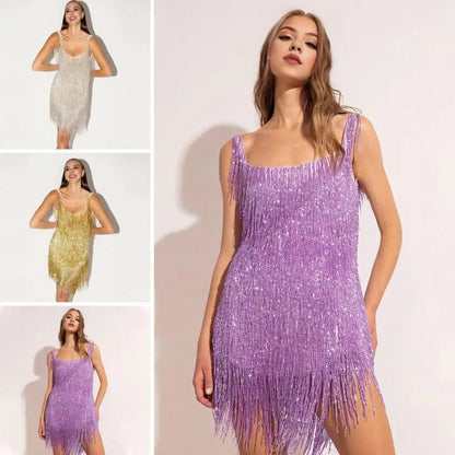 Firmine Sequin Mini Dress for Parties, Fringe Trim