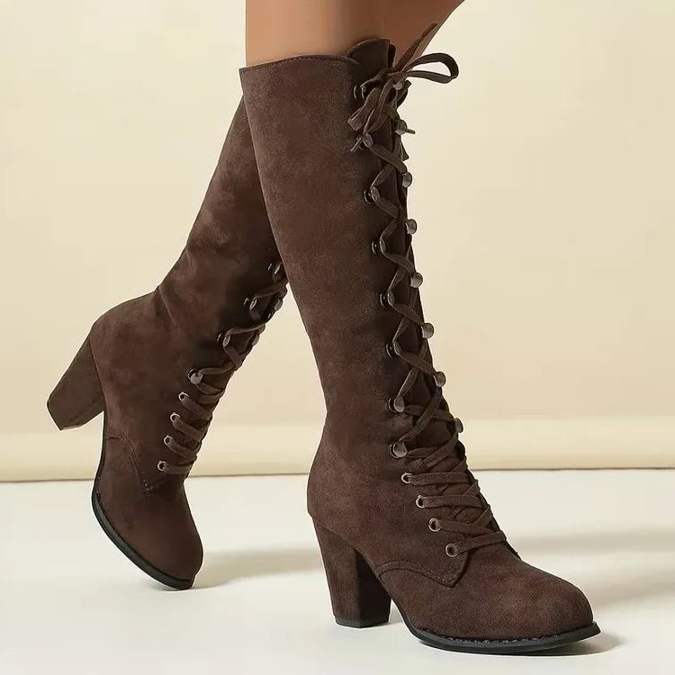 Emmelina Suede Lace-Up Knee-High Boots, Block Heel