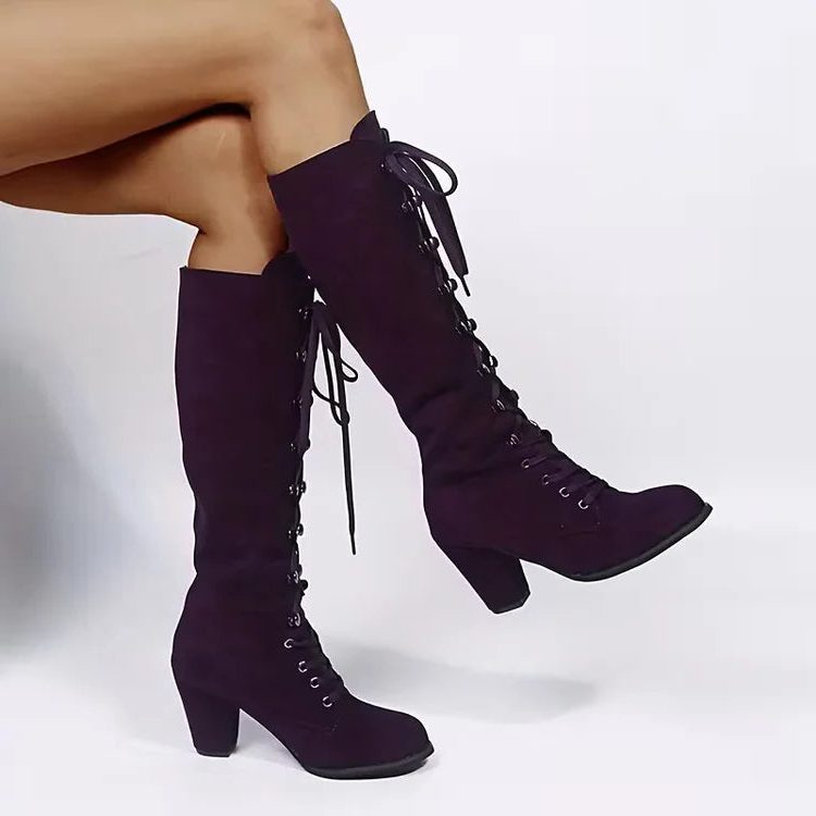 Emmelina Suede Lace-Up Knee-High Boots, Block Heel