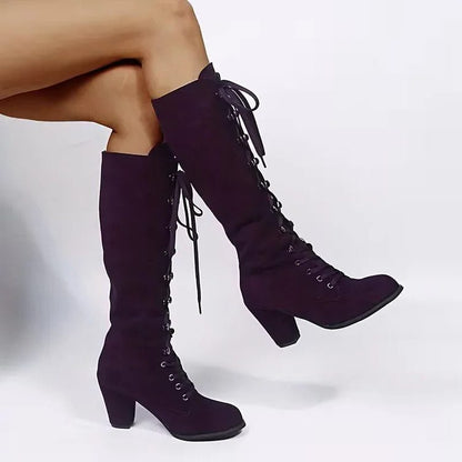 Emmelina Suede Lace-Up Knee-High Boots, Block Heel