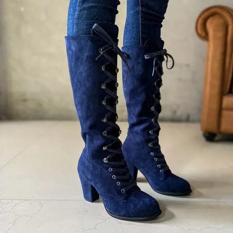 Emmelina Suede Lace-Up Knee-High Boots, Block Heel