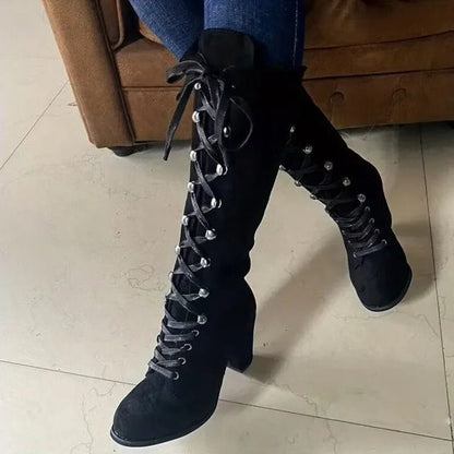Emmelina Suede Lace-Up Knee-High Boots, Block Heel