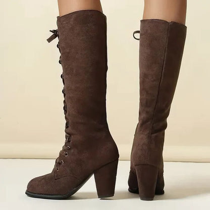 Emmelina Suede Lace-Up Knee-High Boots, Block Heel