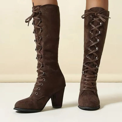 Emmelina Suede Lace-Up Knee-High Boots, Block Heel