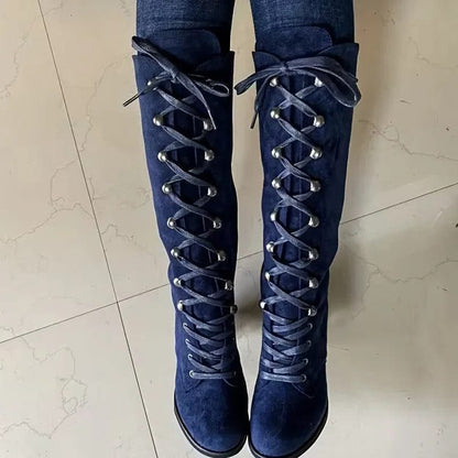 Emmelina Suede Lace-Up Knee-High Boots, Block Heel