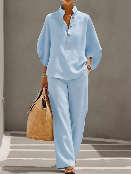 Adelaise Wide Leg Button-Up Set