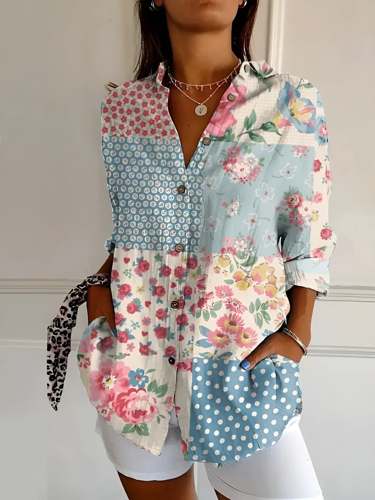 Clelia Button-Up Blouse with Split Neck and Oversized Fit